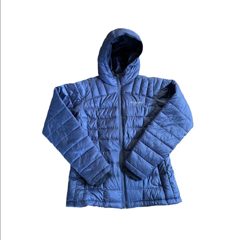 COLUMBIA THERMAL COIL HOODED WINTER JACKET. INDIGO COLOR. INNER POCKETS. SZ: M